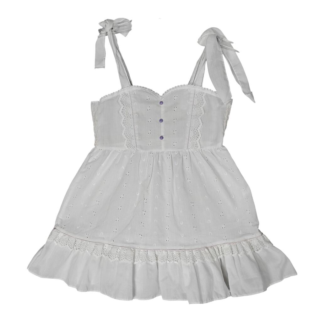 Vintage Eyelet Girls Dress Size 6 White & Purple Buttons Decor Tie at Shoulders